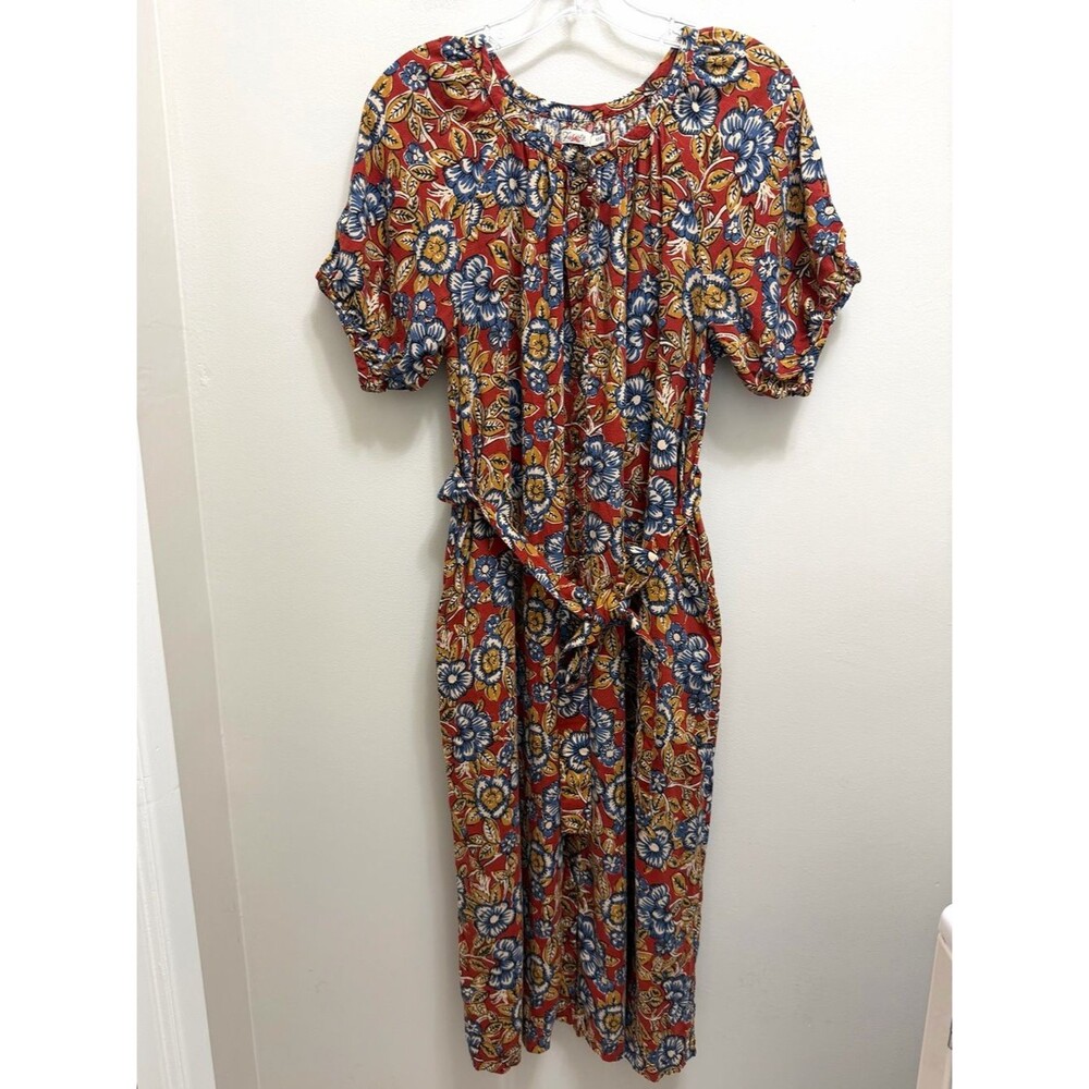 Faherty Carmel Linen Midi Dress Waist Tie Pockets in Red Desert Blossom Size XS - Picture 3 of 12